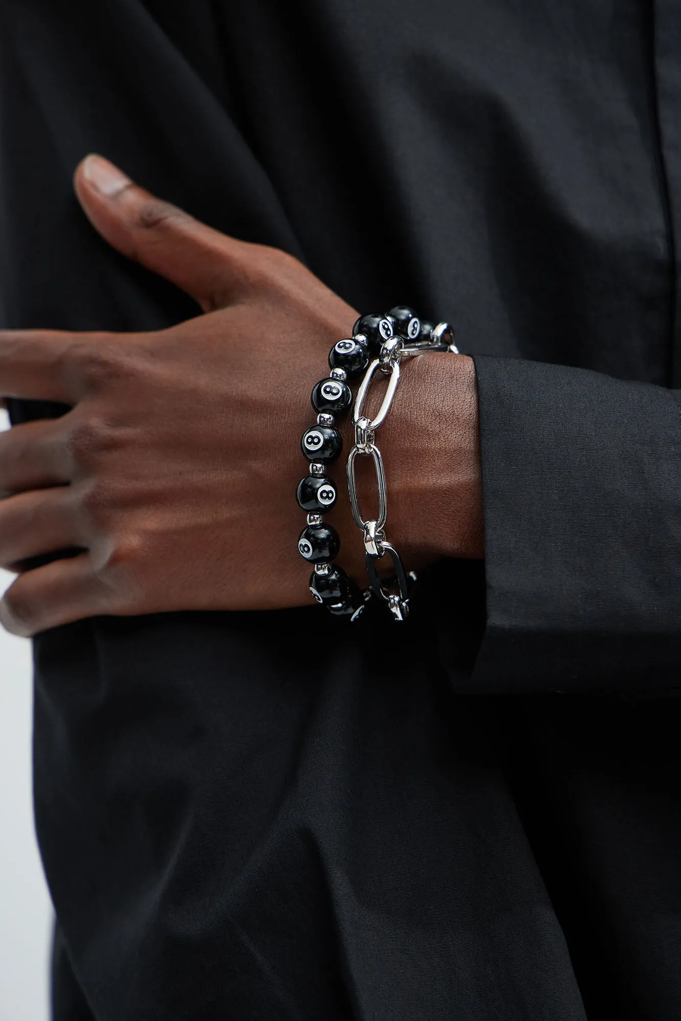 8 Ball Chain Link Bracelet Set - Black/Silver