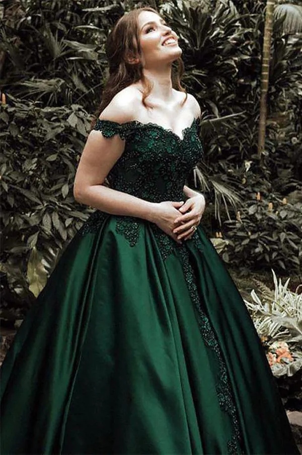 A-Line Ball Gown Off the Shoulder Evening Dresses Green Sleeveless Sweetheart Lace Satin Prom Dresses,BS021