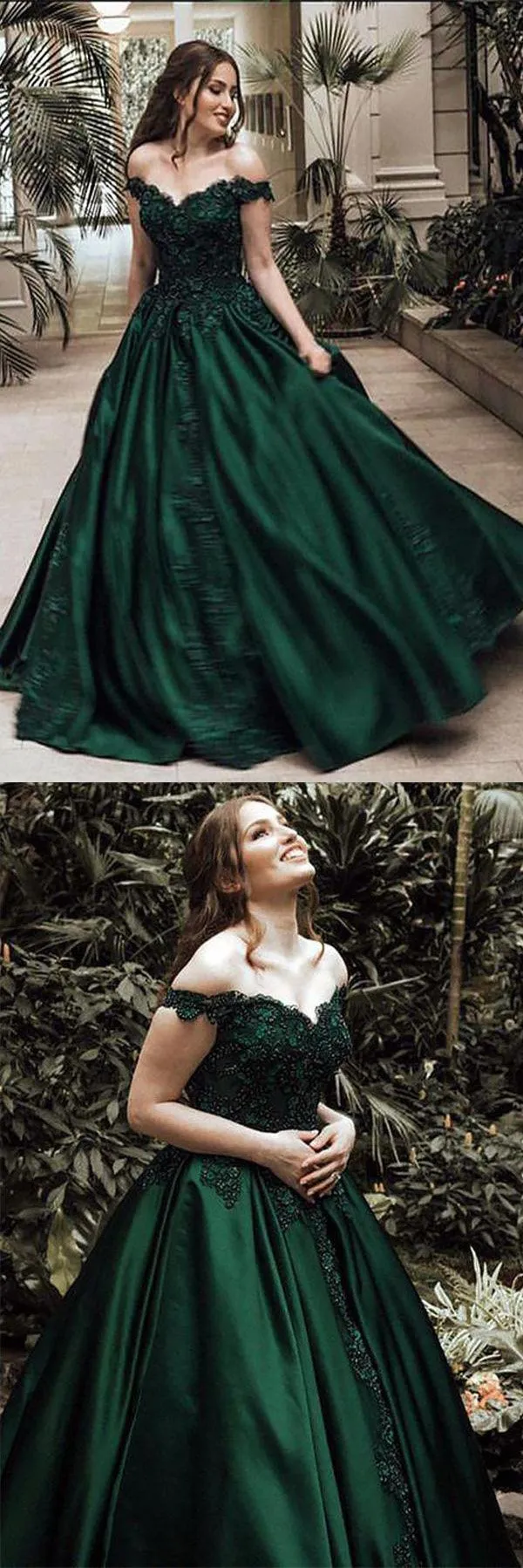 A-Line Ball Gown Off the Shoulder Evening Dresses Green Sleeveless Sweetheart Lace Satin Prom Dresses,BS021