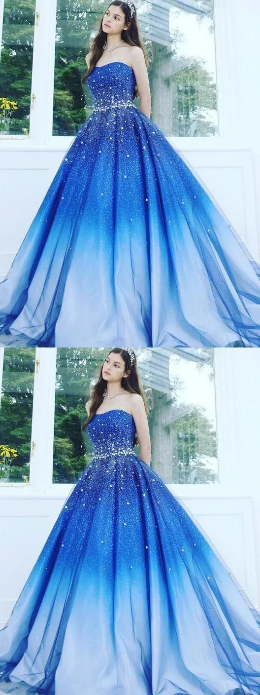 A Line Blue Strapless Sweetheart Ombre Sweep Train Ball Gown Beads Tulle Prom Dresses  cg1063