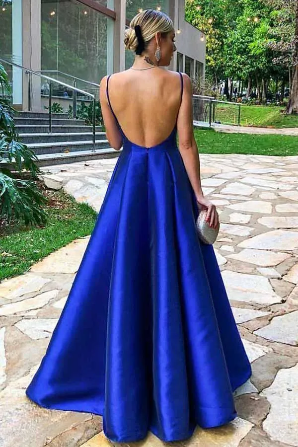 A-Line Spaghetti Straps Floor Length Royal Blue Satin Prom Dress  PG740