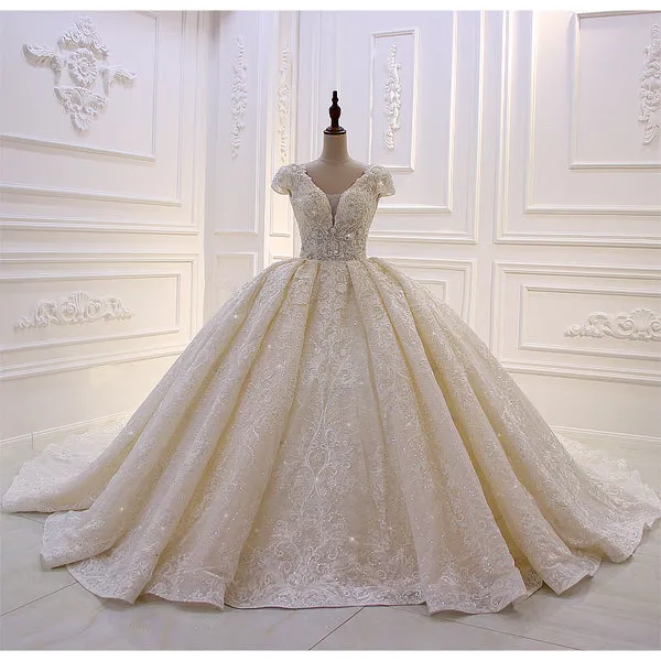 AM105 Short Sleeve Lace Appliques Crystal Luxury Empire Wedding Dress