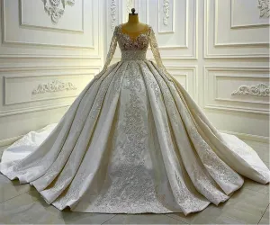 AM1076 robe de soiree femme O-neck Long Sleeve Lace Appliques Ball Gown Beads Wedding Dress