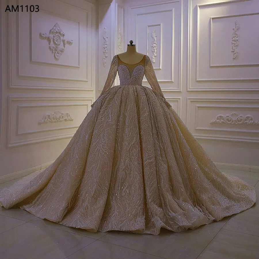 AM1103 Long Sleeve Pearl Beaded Champagne Wedding Dress