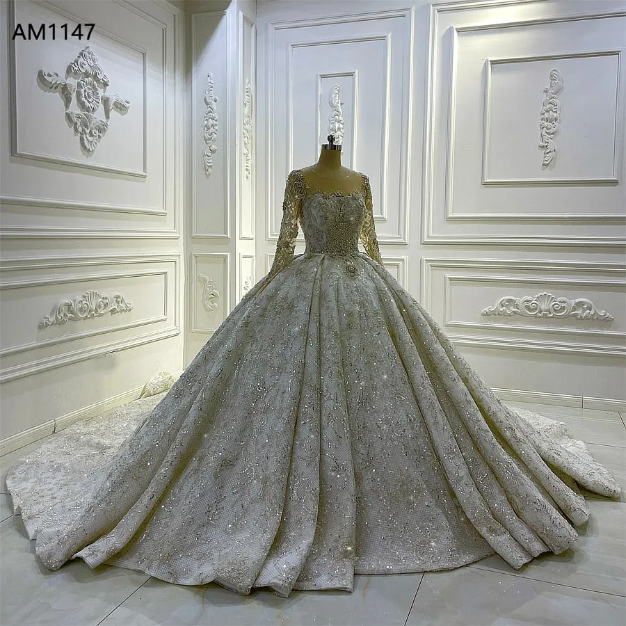 AM1147 Long Sleeves shiny Lace Long Sleeve Ball Gown luxury Wedding Dress