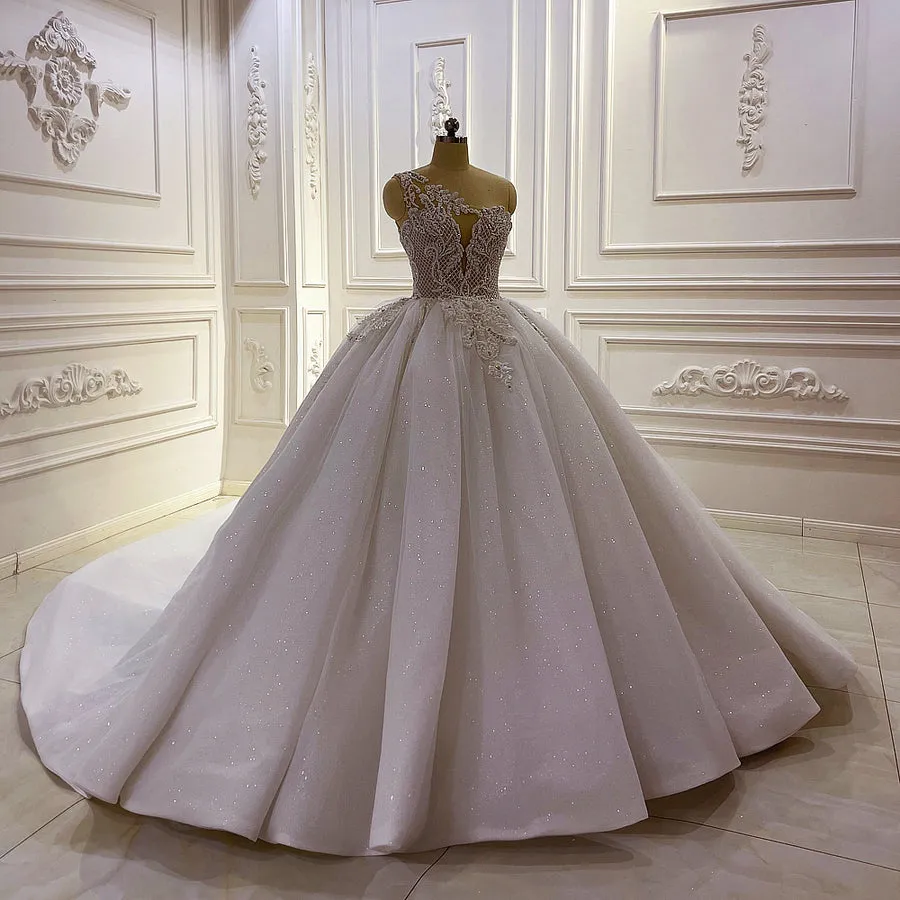 AM1276 Luxury 2 In 1 Rhinestone Crystal 3D Flowers shiny luxury ball gown Wedding Dress