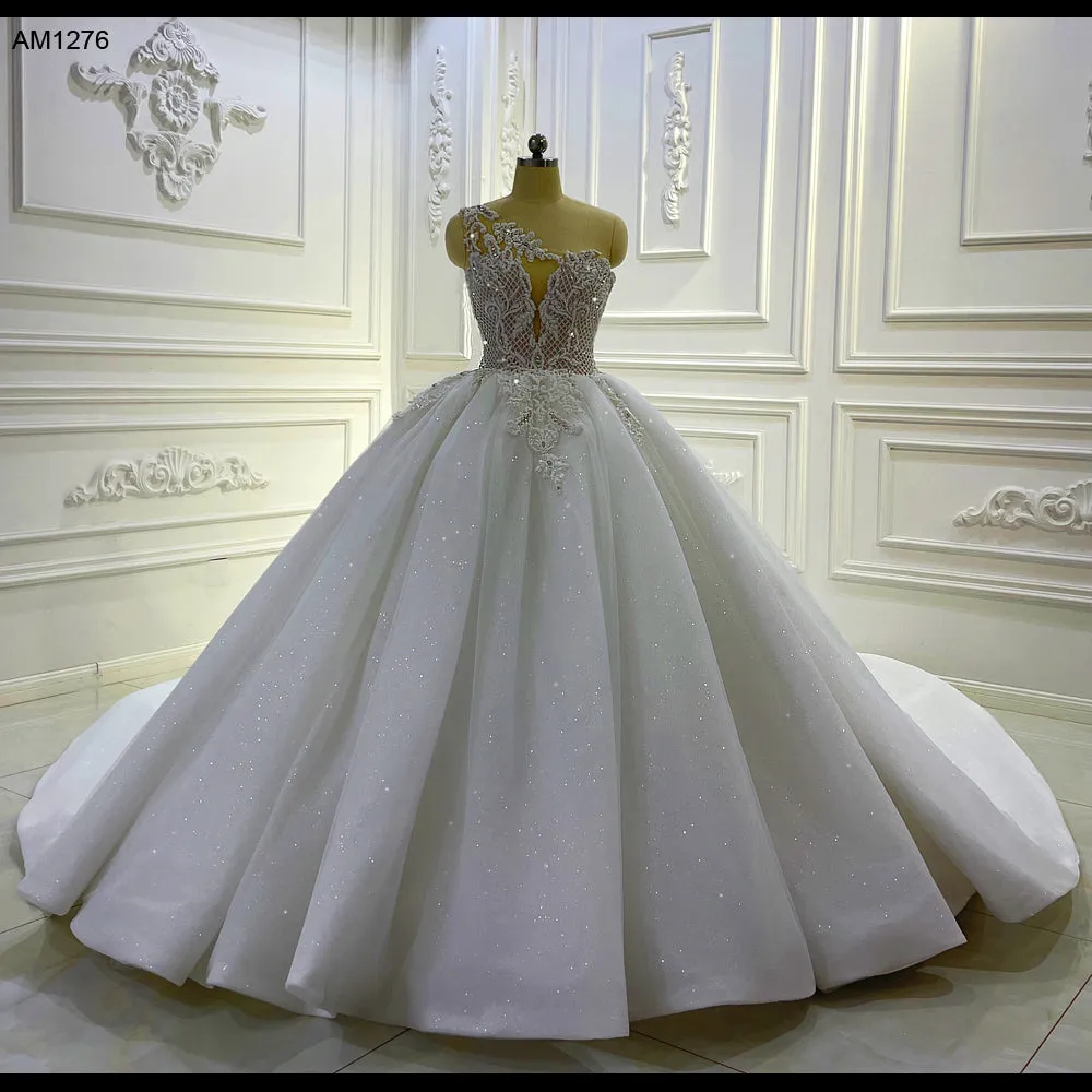 AM1276 Luxury 2 In 1 Rhinestone Crystal 3D Flowers shiny luxury ball gown Wedding Dress