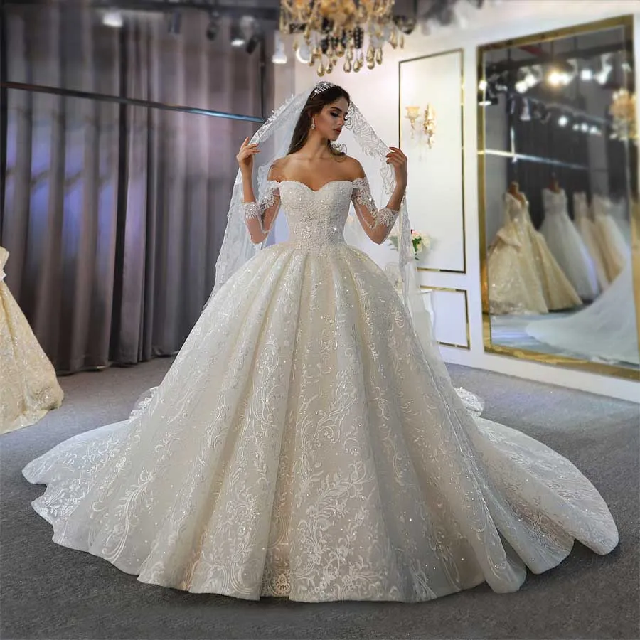 AM415 Off The Shoulder Long Sleeves Beautiful Dress Lace Bridal Dress