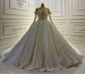 AM597 Off Shoulder Long Sleeve Lace Crystal Wedding Dress