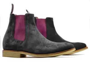 Ankle High Men's Chelsea Suede Boots, Handmade Purple Black Chelsea Boots