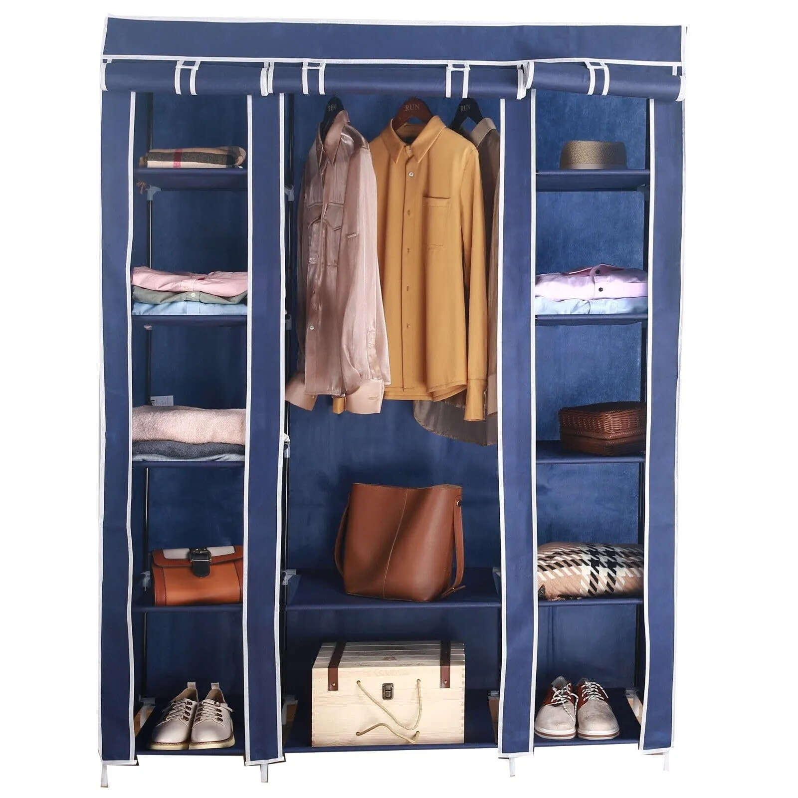 AROME PUR Fabric Canvas Wardrobe Organizers Clothes Rail Shelves Storage Closet Triple (Blue)