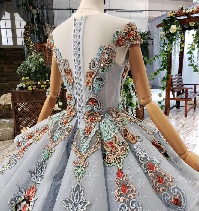 Ball Gown Blue Cap Sleeve Long Prom Dresses, Lace up Beading Quinceanera Dresses UQ1997