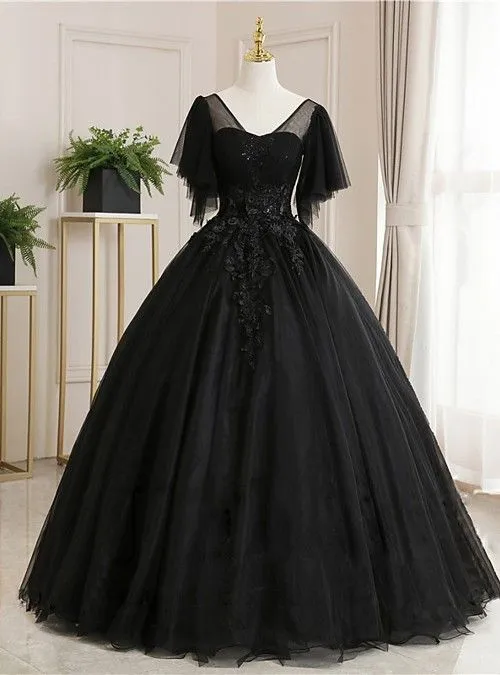 Ball Gown Luxurious Floral Quinceanera Prom Dress Scoop Neck Short Sleeve Floor Length Tulle with Pleats Embroidery   cg22518