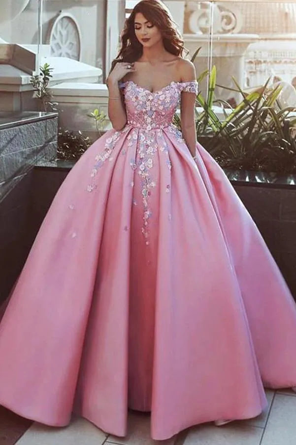 Ball Gown Off the Shoulder Appliqued Satin Long Quinceanera Dresses, Puffy Long Prom Dress UQ2565