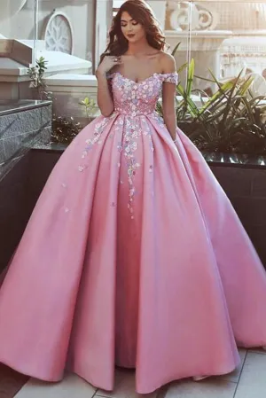 Ball Gown Off the Shoulder Appliqued Satin Long Quinceanera Dresses, Puffy Long Prom Dress UQ2565