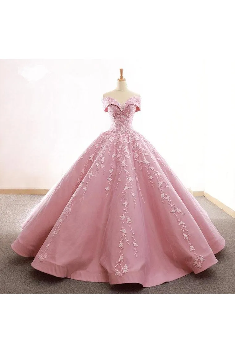 Ball Gown Off The Shoulder Satin Prom Dress With Appliques, Long Quinceanera Dress,JL20014