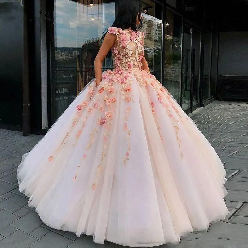 Ball Gown Pink Tulle Prom Dresses with Handmade Flowers DL7846