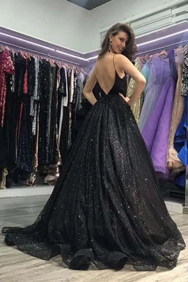 Ball Gown V Neck Open Back Split Sequin Black Long Prom Dresses PG819