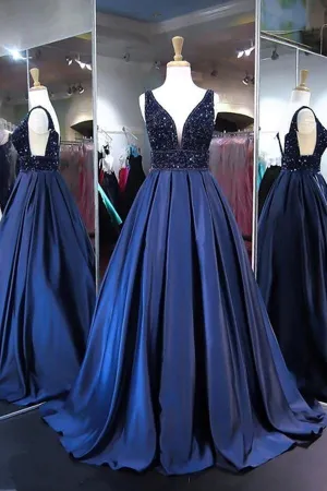 Ball Gown V Neck Satin Long Prom Evening Dresses With Beading  PG525