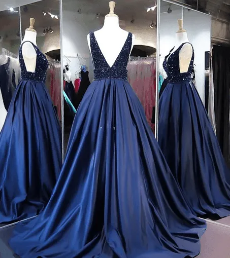 Ball Gown V Neck Satin Long Prom Evening Dresses With Beading  PG525