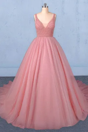 Ball Gown V Neck Tulle Prom Dress with Beads, Puffy Sleeveless Quinceanera Dresses UQ2333