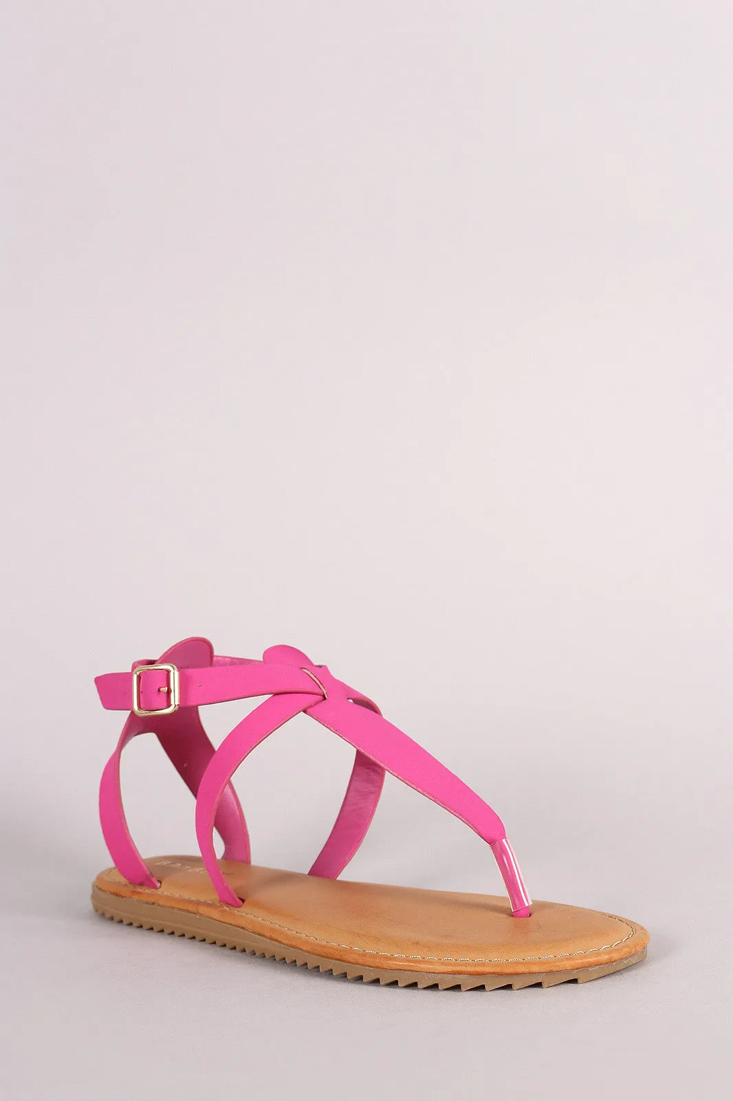 Bamboo Nubuck Lug Sole Crisscross Ankle Strap Thong Flat Sandal