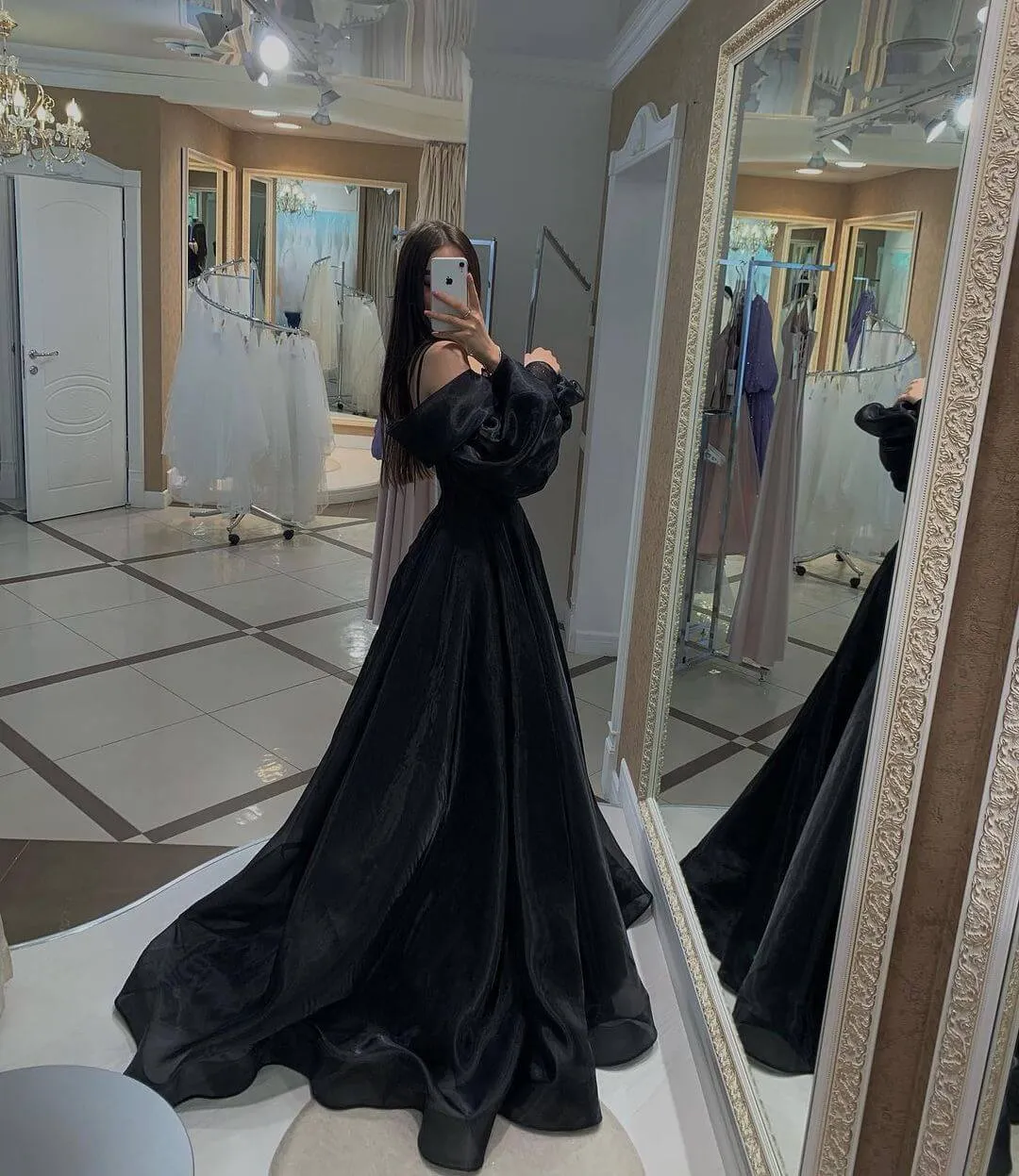 Black Long Sleeves Prom Dresses,Organza Formal Dresses,Party Dress with Train