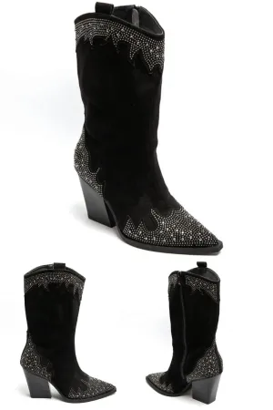 BLACK SUEDE RHINESTONE DETAIL COWGIRL WESTERN ANKLE CALF HIGH BOOTS