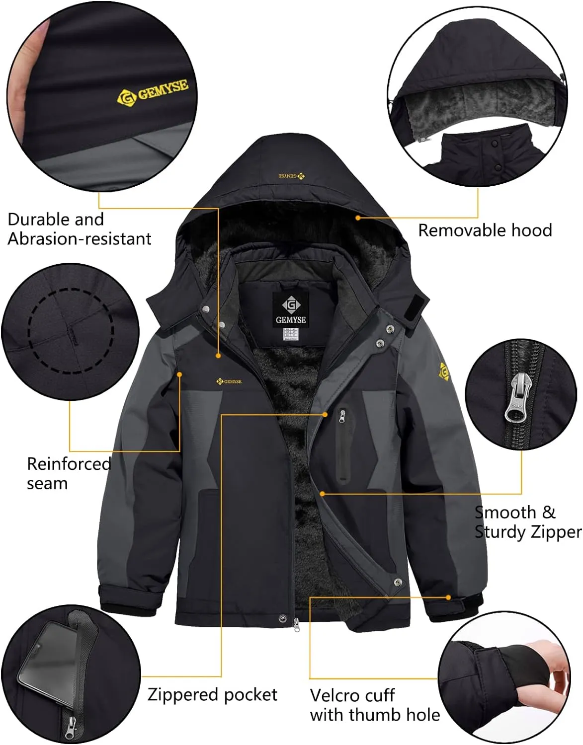 Boy's Winter Jacket, Waterproof Windproof Ski Snow Hooded Fleece Lined Jackets