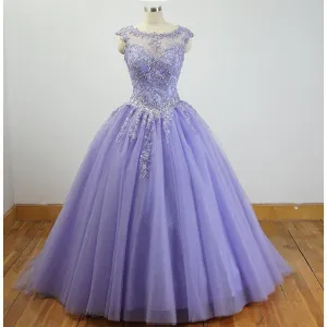 Cap Sleeves lace Appliqued Lavender Ball Gown Long Prom Dresses With Beadings SJ211142