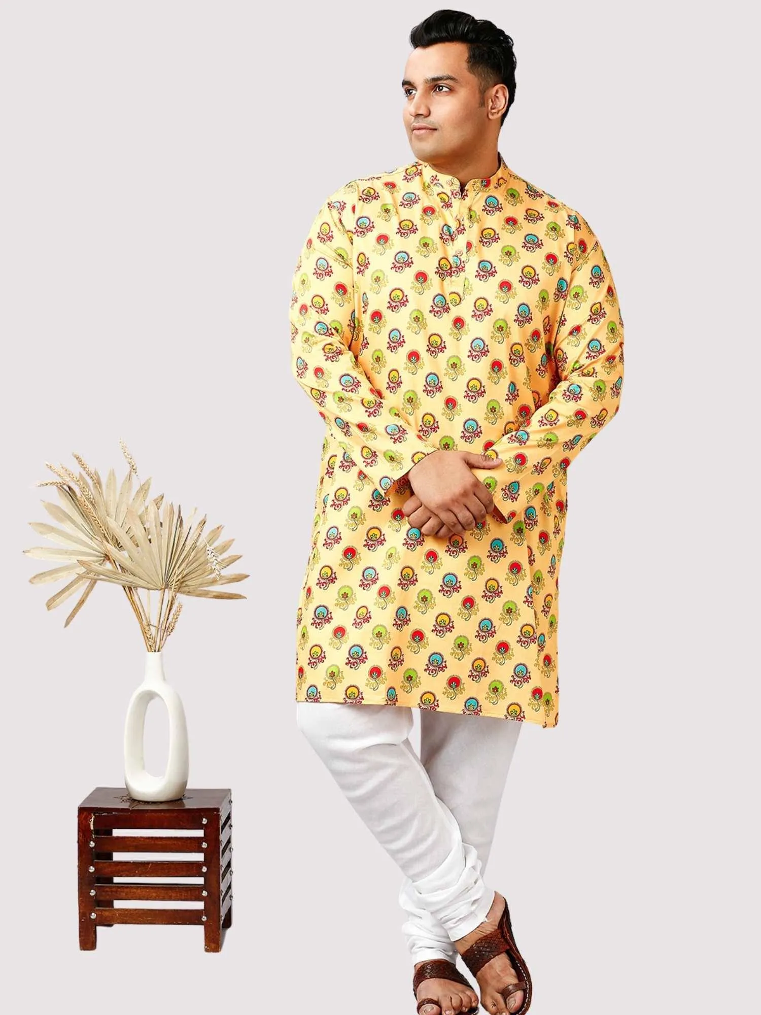 Chamak Printed Yellow White Kurta Men's Plus Size