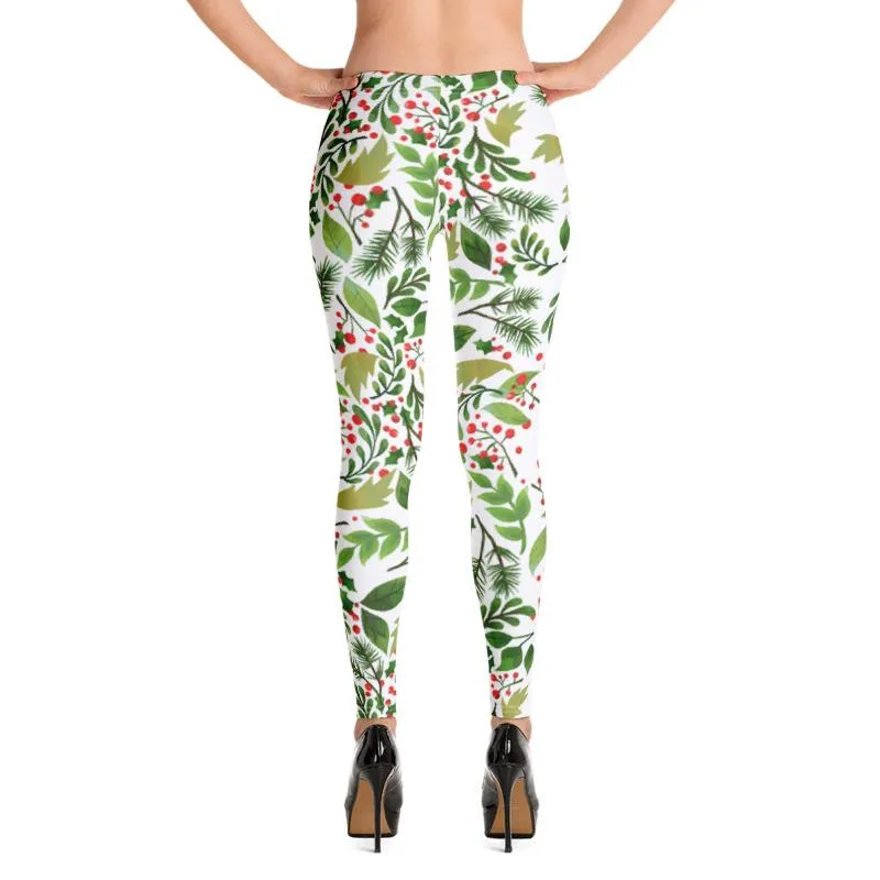 Christmas Flower Long Yoga Pants, Best Floral Print Green Red Women's Long Yoga Pants Leggings- Made in USA/EU