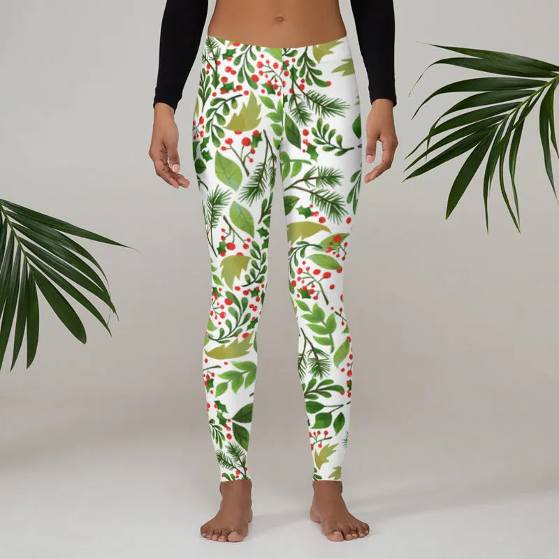 Christmas Flower Long Yoga Pants, Best Floral Print Green Red Women's Long Yoga Pants Leggings- Made in USA/EU