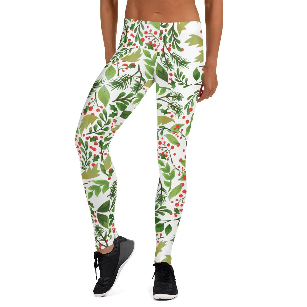 Christmas Flower Long Yoga Pants, Best Floral Print Green Red Women's Long Yoga Pants Leggings- Made in USA/EU