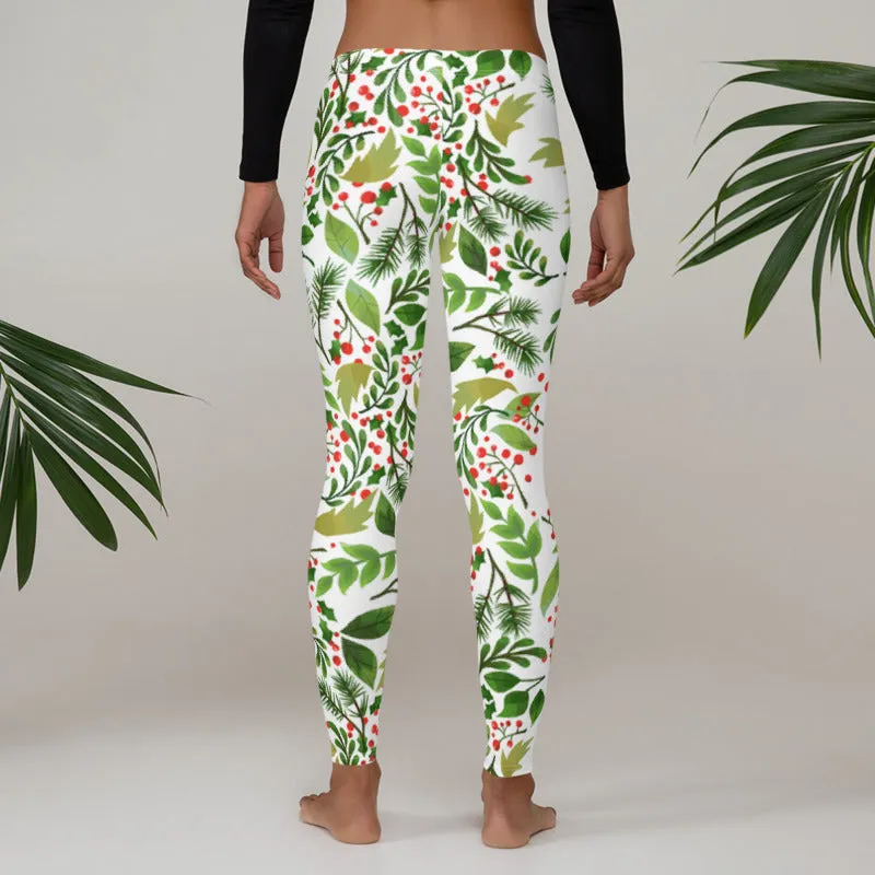 Christmas Flower Long Yoga Pants, Best Floral Print Green Red Women's Long Yoga Pants Leggings- Made in USA/EU