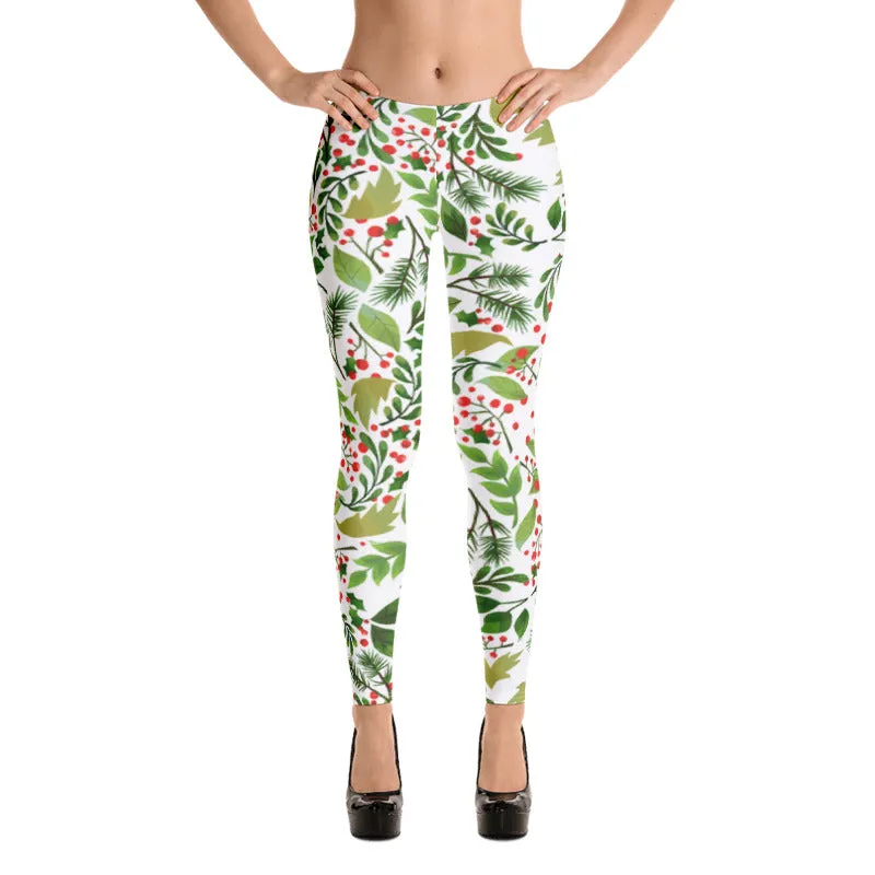 Christmas Flower Long Yoga Pants, Best Floral Print Green Red Women's Long Yoga Pants Leggings- Made in USA/EU