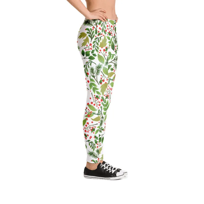 Christmas Flower Long Yoga Pants, Best Floral Print Green Red Women's Long Yoga Pants Leggings- Made in USA/EU