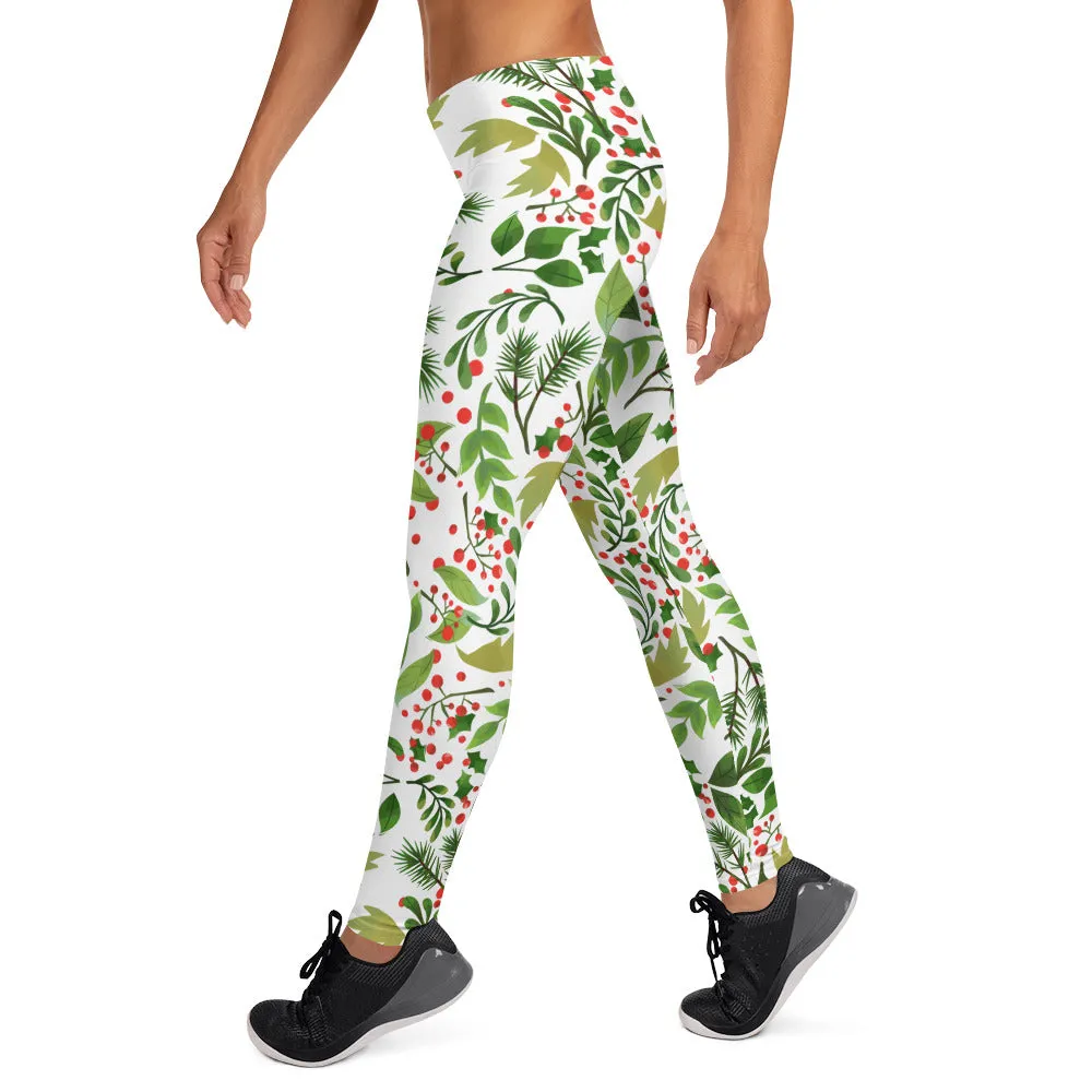 Christmas Flower Long Yoga Pants, Best Floral Print Green Red Women's Long Yoga Pants Leggings- Made in USA/EU