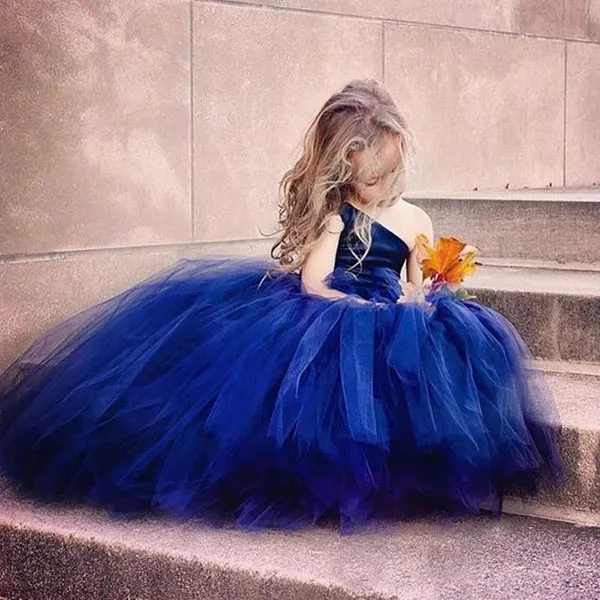 Cute Navy Blue Tulle Ball Gown One Shoulder Flower Girl Dresses UQF0004