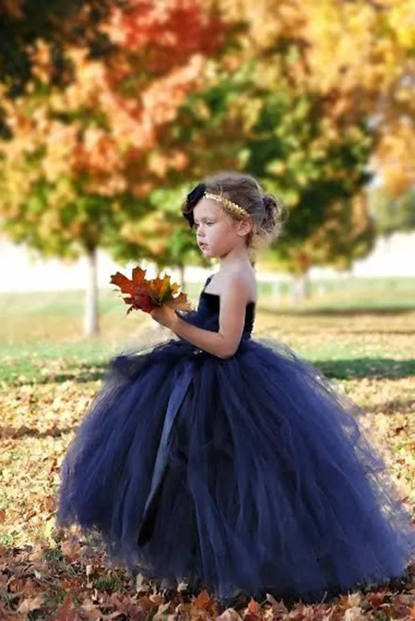 Cute Navy Blue Tulle Ball Gown One Shoulder Flower Girl Dresses UQF0004