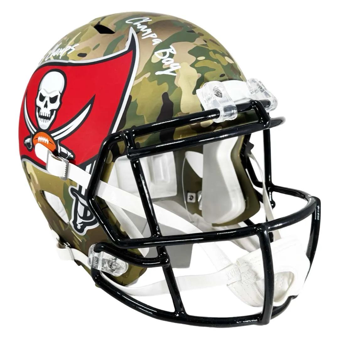 Devin White Signed Fire Those Cannons, SBLV Champs, Champa Bay Inscriptions Tampa Bay Buccaneers Camo Speed Full-Size Replica Football Helmet (Beckett)