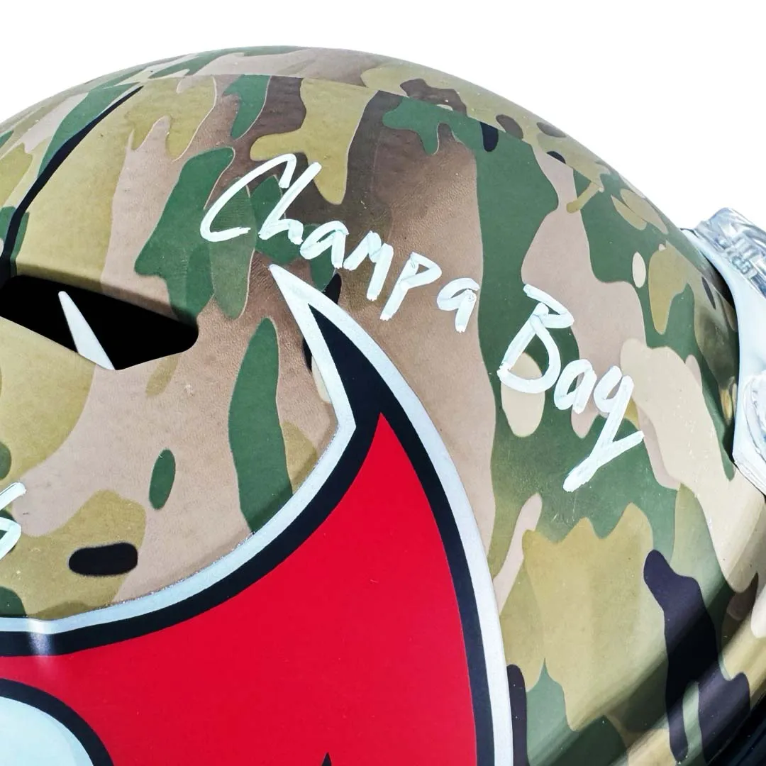 Devin White Signed Fire Those Cannons, SBLV Champs, Champa Bay Inscriptions Tampa Bay Buccaneers Camo Speed Full-Size Replica Football Helmet (Beckett)