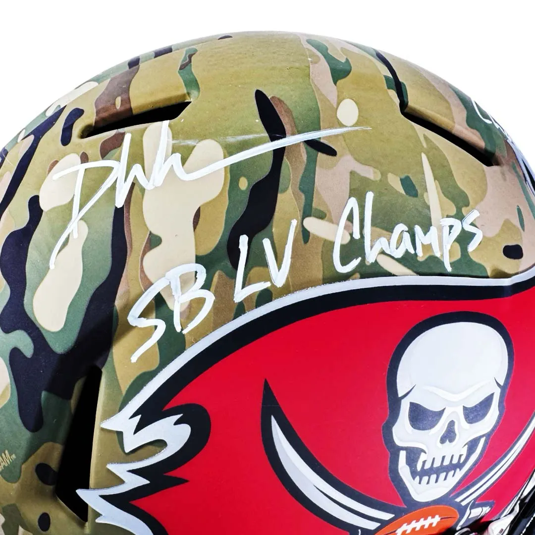 Devin White Signed Fire Those Cannons, SBLV Champs, Champa Bay Inscriptions Tampa Bay Buccaneers Camo Speed Full-Size Replica Football Helmet (Beckett)