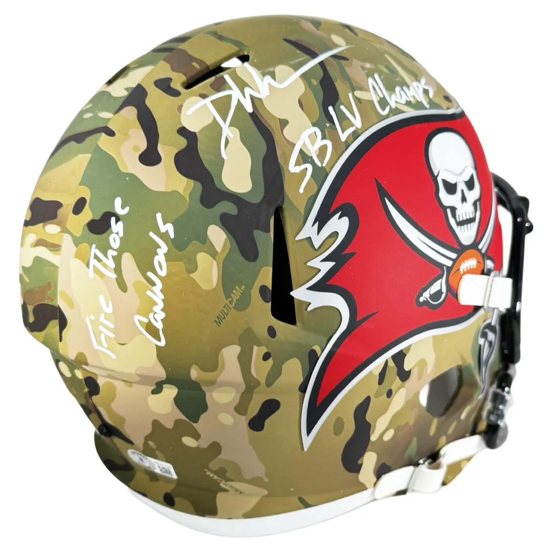 Devin White Signed Fire Those Cannons, SBLV Champs, Champa Bay Inscriptions Tampa Bay Buccaneers Camo Speed Full-Size Replica Football Helmet (Beckett)