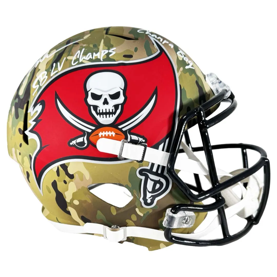 Devin White Signed Fire Those Cannons, SBLV Champs, Champa Bay Inscriptions Tampa Bay Buccaneers Camo Speed Full-Size Replica Football Helmet (Beckett)