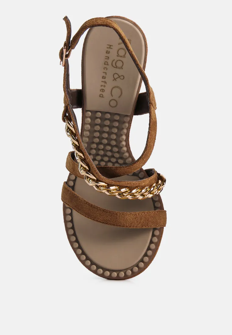 DOMEDA Tan Metal Chain Embellished Sandals