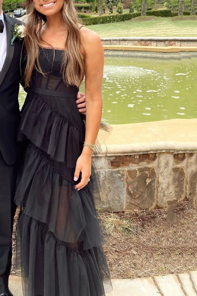 Elegant A-line Layered Tulle Black Prom Dress,Sheer Corset Long Evening Dress,Graduation Dress