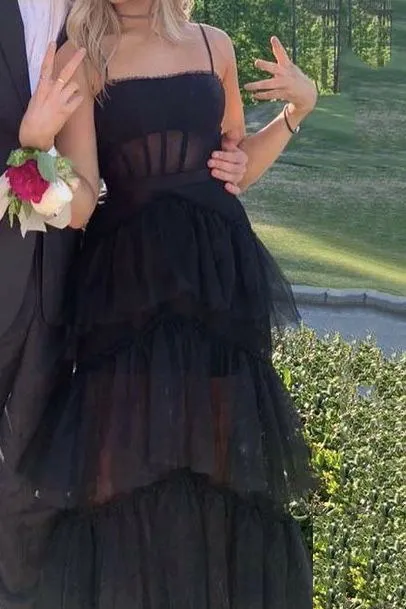 Elegant A-line Layered Tulle Black Prom Dress,Sheer Corset Long Evening Dress,Graduation Dress