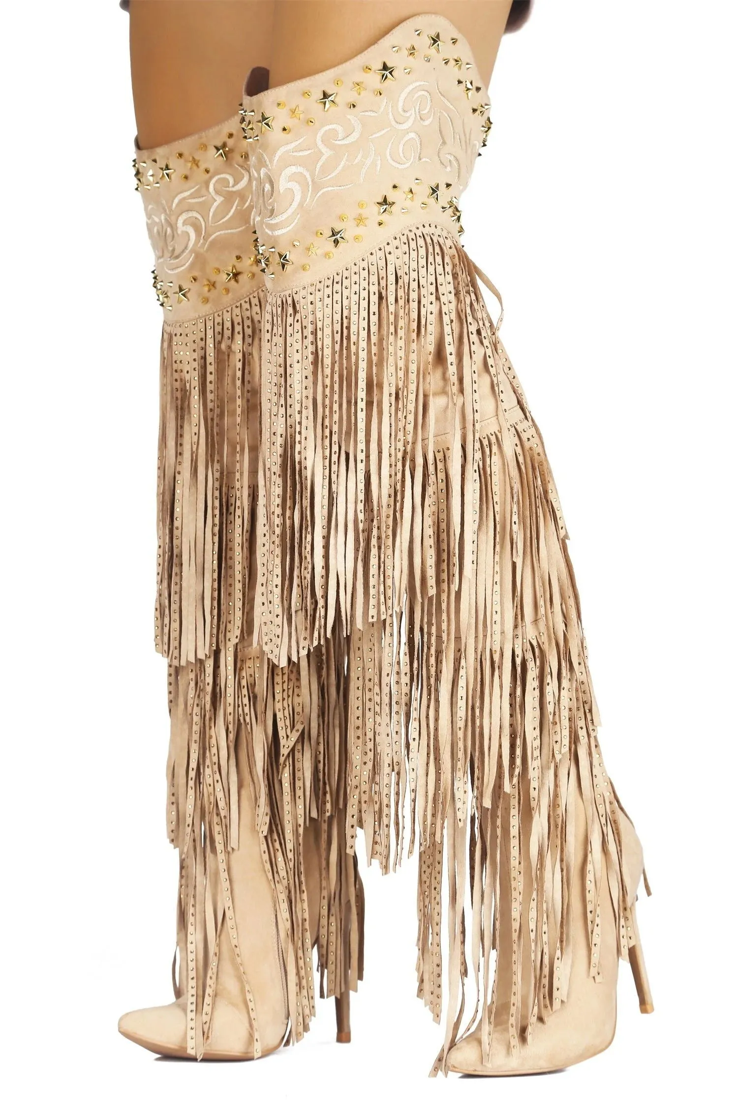 Embellished Fringe Tassels Pointed Toe Thigh High Boots