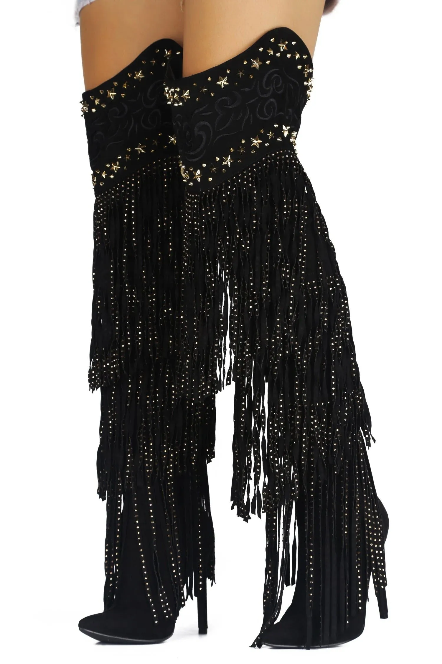 Embellished Fringe Tassels Pointed Toe Thigh High Boots